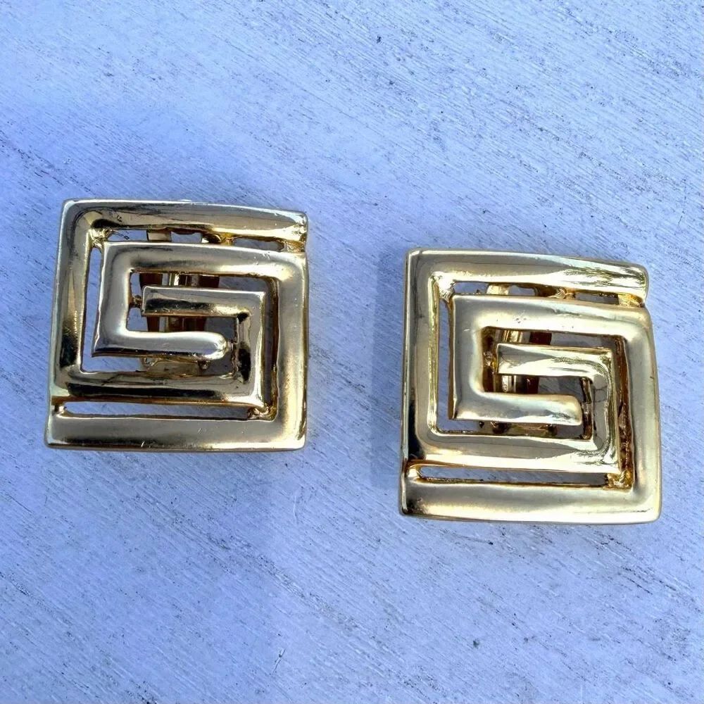 Vintage Gold Tone Greek Key Clip On Earrings